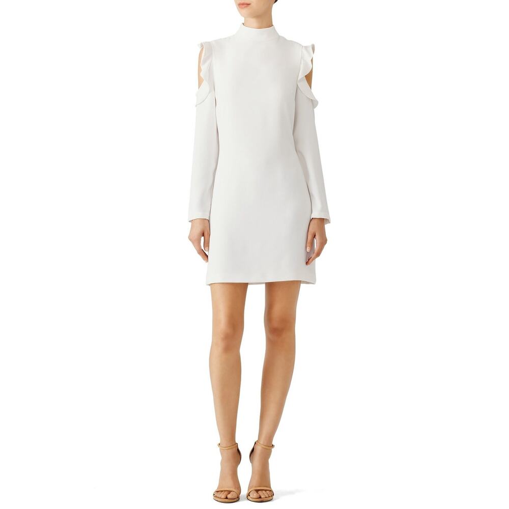Wai Ming Dunn Cold Shoulder Ruffle Long Sleeve Shift Mini Dress Pockets 4 White